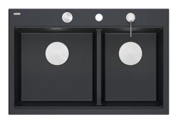 Quadri Hard Rock Double Évier en Granit Noir 76x50 cm avec bouchon en acier inoxydable et accessoires 1208971401