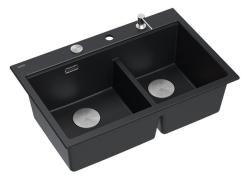 Quadri Hard Rock Double Évier en Granit Noir 76x50 cm avec bouchon en acier inoxydable et accessoires 1208971401