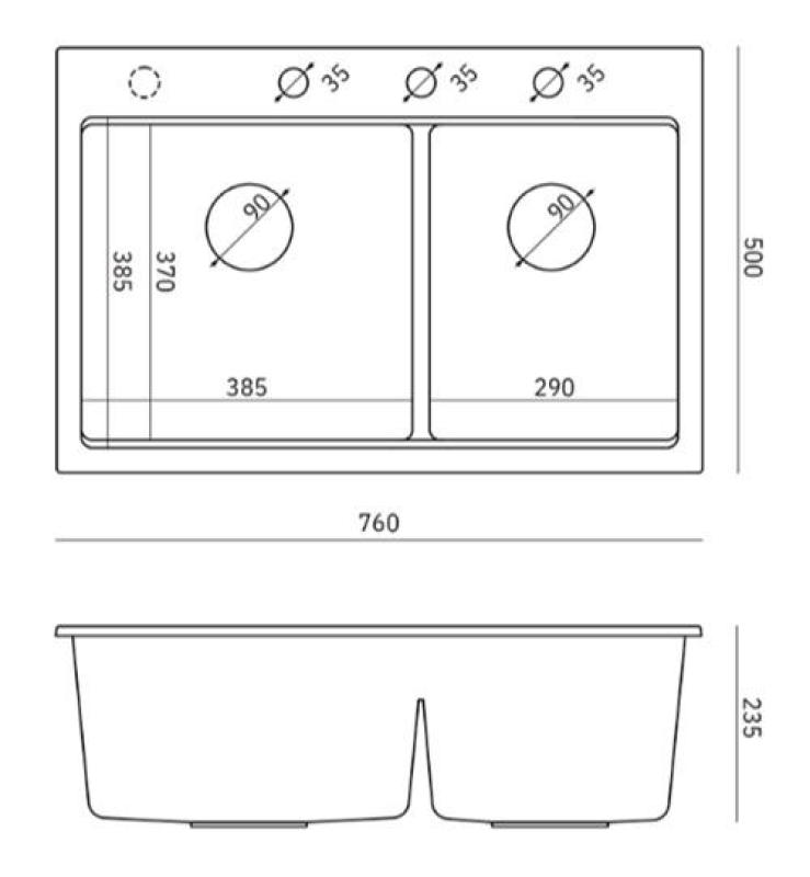 Quadri Hard Rock Double Évier en Granit Noir 76x50 cm avec bouchon en inox et accessoires 1208971401