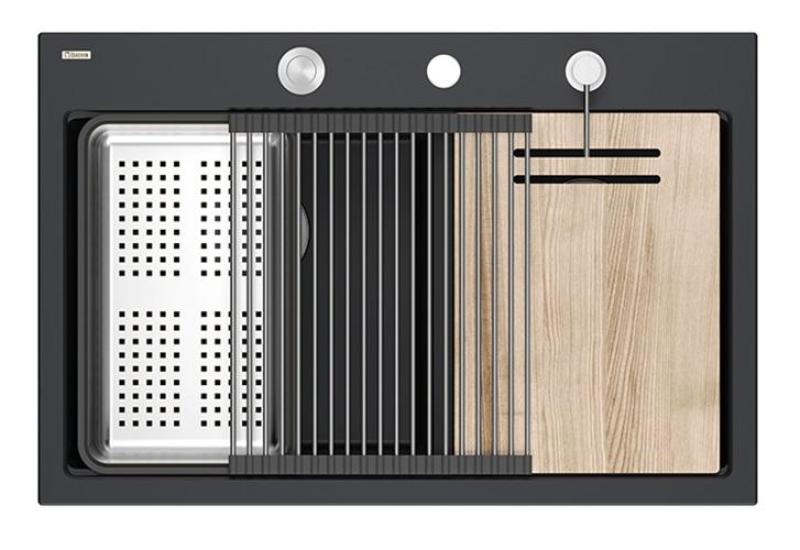 Quadri Hard Rock Double Évier en Granit Noir 76x50 cm avec bouchon en inox et accessoires 1208971401