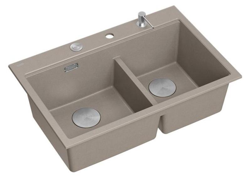Quadri Hard Rock Double Taupe Granit Évier de surface 76x50 cm avec bouchon en inox et accessoires 1208971402