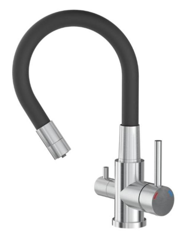 Robinet de cuisine Quadri Selene en inox à 3 voies avec bec flexible et connexion supplémentaire pour eau filtrée 1208971407