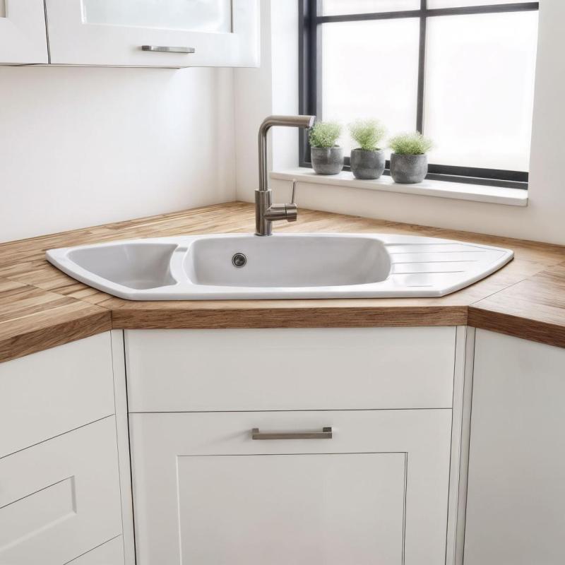 Graniteland Monte Évier d'angle en granit blanc à poser 901x538mm avec bouchon en inox 1208971415