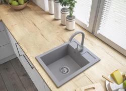 Graniteland Prest Évier en granit gris Tapwing avec trou pour robinet, montage en surface 400x500mm avec bouchon en acier inoxydable 1208971425