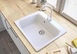 Graniteland Vastone Évier en granit 619x522 mm Blanc Monté avec trou pour robinet et bouchon en acier inoxydable 1208971445