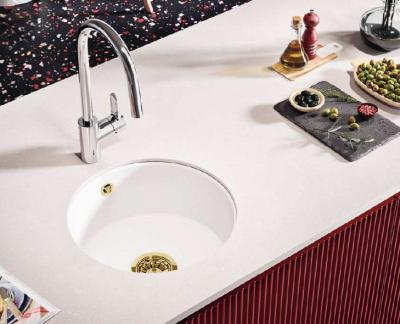 Ausmann Ceramic Ember Keramische Witte Ronde Spoelbak Opbouw en Onderbouw met Gouden plug 1208971461