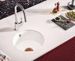 Ausmann Ceramic Ember Évier Rond en Céramique Blanc de Surface et Sous-Plan avec Bouchon en Cuivre 1208971462