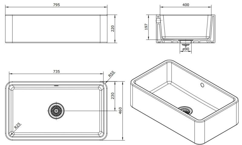 Ausmann Ceramic Mira Évier en Céramique Blanc - Sous-évier et Intermédiaire 795 x 460 mm avec Bouchon en Cuivre 1208971467
