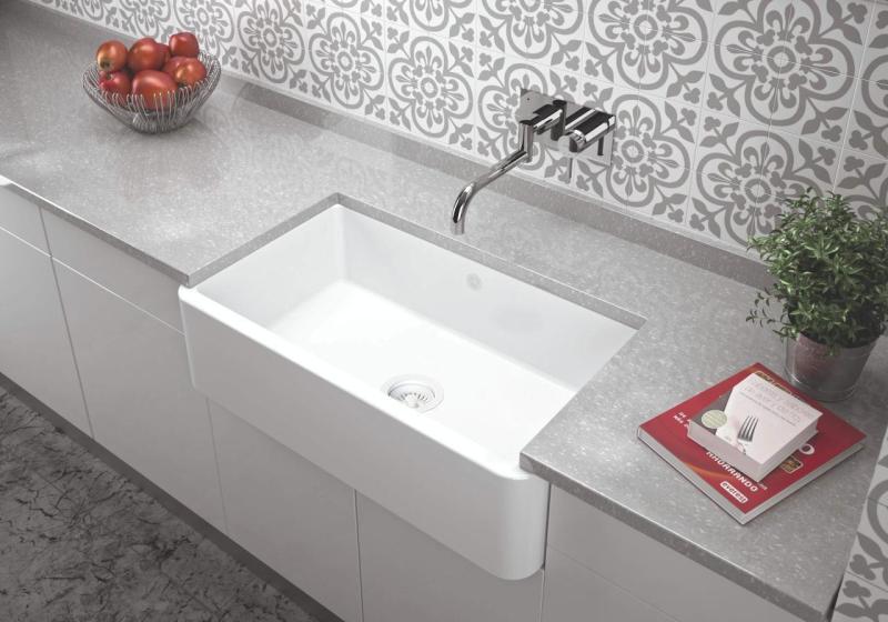 Ausmann Ceramic Mira Évier en céramique blanc - Sous-meuble et intermédiaire 795 x 460 mm avec bouchon blanc 1208971470