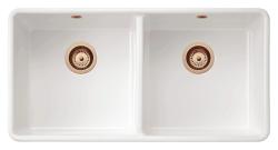 Ausmann Ceramic Mira Évier double en céramique blanc - Sous-structure et interstructure 890 x 456 mm avec bouchons en cuivre 1208971472