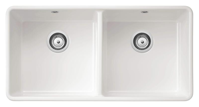 Ausmann Ceramic Mira Évier Double en Céramique Blanche - Sous-structure et Intercalaire 890 x 456 mm avec Bouchons Blancs 1208971475