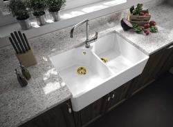 Ausmann Ceramic Mira Évier Double en Céramique Blanc - Sous-évier et Intermédiaire 793 x 450 mm avec trou pour robinet et bouchon doré 1208971476