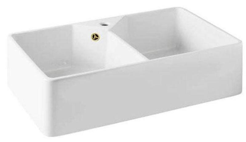 Ausmann Ceramic Mira Évier Double en Céramique Blanc - Sous-évier et Intermédiaire 793 x 450 mm avec trou pour robinet et bouchon doré 1208971476