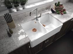 Ausmann Ceramic Mira Évier Double en Céramique Blanc - Sous-évier et Semi-évier 793 x 450 mm avec trou pour robinet et bouchon en cuivre 1208971477