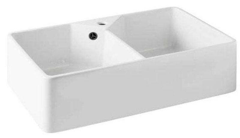 Ausmann Ceramic Mira Évier double en céramique blanc - Sous-meuble et intermédiaire 793 x 450 mm avec trou pour robinet et bouchon en métal noir 1208971478
