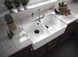 Ausmann Ceramic Mira Céramique Blanche Double Évier - Sous-Montage et Entre-Montage 793 x 450 mm avec trou pour robinet et bouchon noir 1208971479