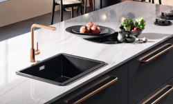 Ausmann Ceramic Ember Évier Carré en Céramique Mat Noir de Surface et de Sous-Plan 40 x 40 cm avec Bouchon Doré 1208971486