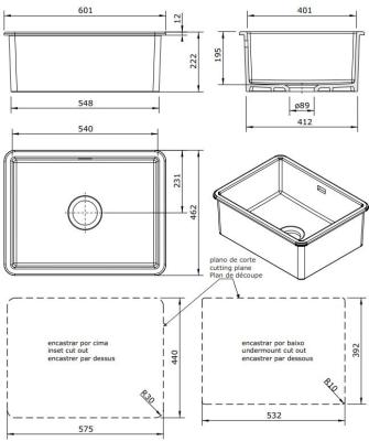 Ausmann Céramique Ember Évier en céramique blanc - Montage supérieur et inférieur 54 x 40 cm avec bouchon en cuivre 1208971492