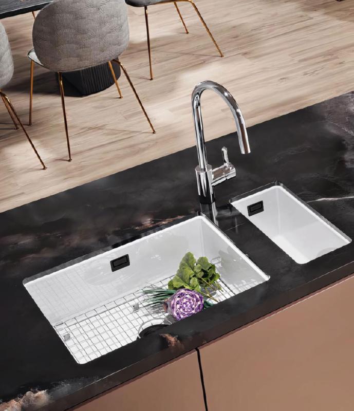 Ausmann Ceramic Ember Évier en céramique blanc semi-encastré et sous-plan 174 x 400 mm avec bouchon noir 1208971504