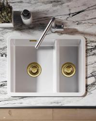 Ausmann Ceramic Ember Évier en céramique blanc une fois et demi Montage sur plan et sous plan 535 x 400 mm avec bouchons dorés 1208971506