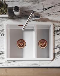Ausmann Ceramic Ember Évier en céramique blanche de une et demie encastrable et sous plan 535 x 400 mm avec bouchons en cuivre 1208971507