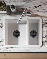 Ausmann Ceramic Ember Évier en céramique blanche une fois et demi Montage en surface et sous plan 535 x 400 mm avec bouchons en métal de pistolet 1208971508