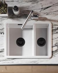 Ausmann Ceramic Ember Évier en céramique blanc une et demie encastrable et sous-plan 535 x 400 mm avec bouchons noirs 1208971509