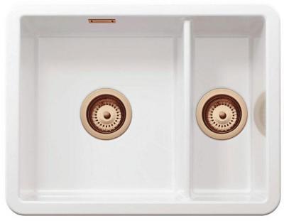 Ausmann Ceramic Ember Évier en céramique blanche une et demie Montage en surface et sous plan 495 x 370 mm avec bouchons en cuivre 1208971514