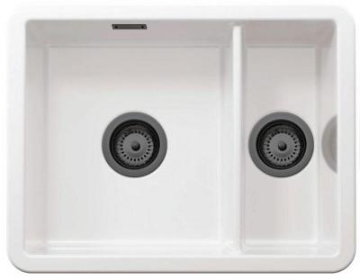 Ausmann Ceramic Ember Évier en céramique blanc une fois et demie Montage en surface et sous plan 495 x 370 mm avec bouchons en métal de canon 1208971515