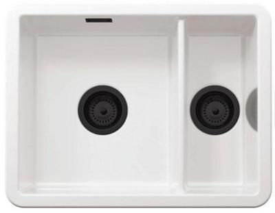 Ausmann Ceramic Ember Évier en céramique blanc une fois et demie Montage en surface et sous plan 495 x 370 mm avec bouchons noirs 1208971516