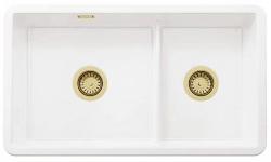 Ausmann Ceramic Ember Évier en céramique blanc une fois et demie Montage en surface et sous plan 733 x 401 mm avec bouchons dorés 1208971518