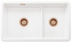 Ausmann Ceramic Ember Évier en céramique blanche une fois et demie Montage en surface et sous plan 733 x 401 mm avec bouchons en cuivre 1208971519