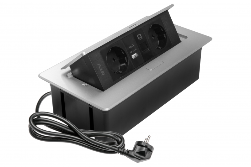 Meubelaansluiting MULTISOFT, 2xSHUKO, USB A+C, RJ45, kabel 1.5 m, aluminium