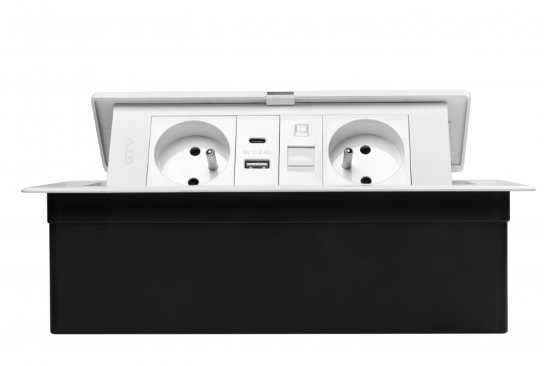 MULTISOFT Meubelstopcontact 2x Stopcontact met Aarding, USB A+C, RJ45, Stroomkabel met Stekker, Wit
