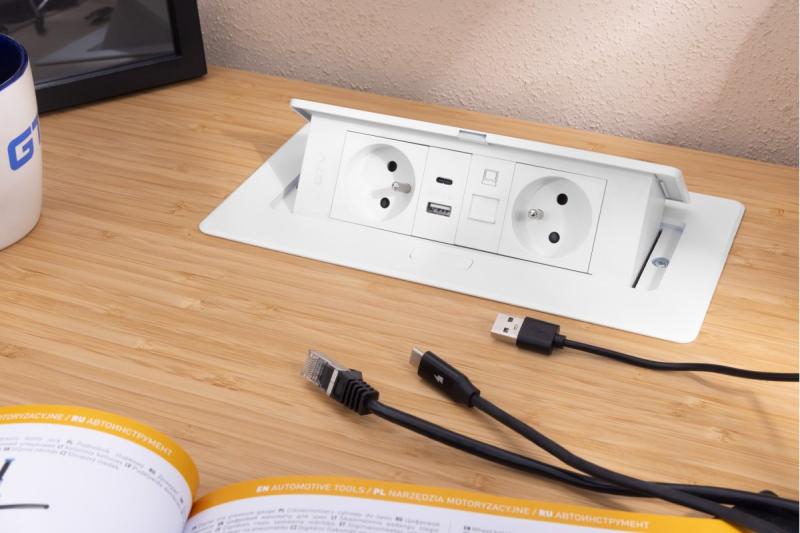 MULTISOFT Meubelstopcontact 2x Stopcontact met Aarding, USB A+C, RJ45, Stroomkabel met Stekker, Wit