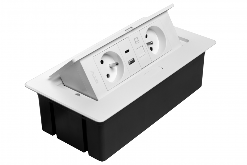MULTISOFT Meubelstopcontact 2x Stopcontact met Aarding, USB A+C, RJ45, Stroomkabel met Stekker, Wit