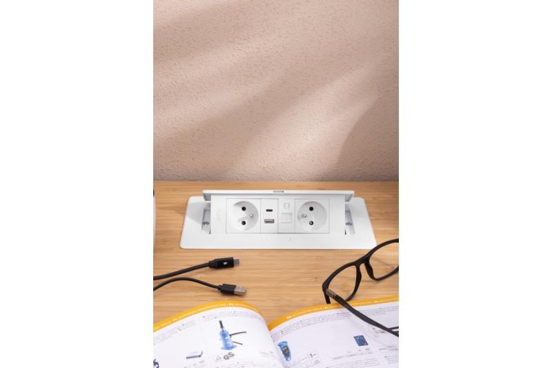 MULTISOFT Meubelstopcontact 2x Stopcontact met Aarding, USB A+C, RJ45, Stroomkabel met Stekker, Wit