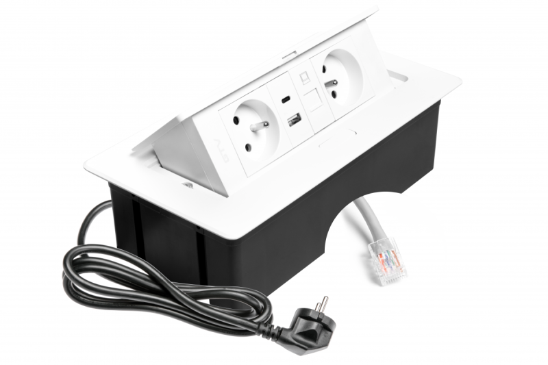MULTISOFT Meubelstopcontact 2x Stopcontact met Aarding, USB A+C, RJ45, Stroomkabel met Stekker, Wit