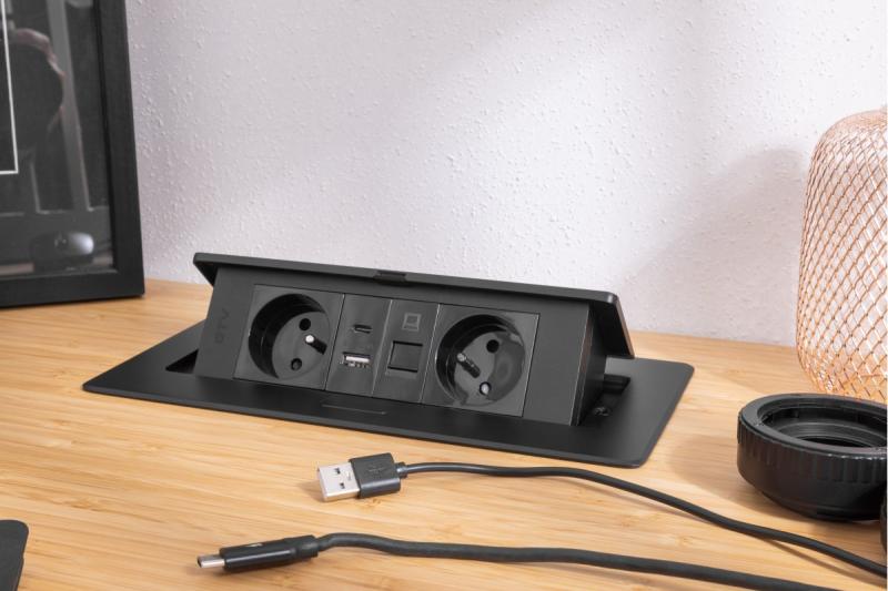 MULTISOFT Meubelcontactdoos 2x Stopcontact met Aarding, USB A+C, RJ45, Stroomkabel met Stekker, Zwart