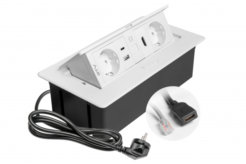 Meubelstopcontact MULTISOFT, 2xSHUKO, USB A+C, RJ45, HDMI, kabel 1,5 m, wit