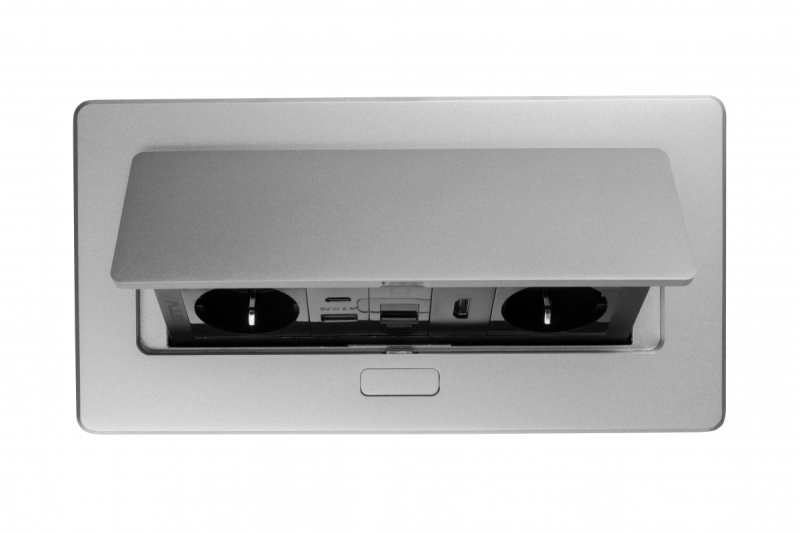 Meubelaansluiting MULTISOFT, 2xSHUKO, USB A+C, RJ45, HDMI-kabel 1,5 m, aluminium
