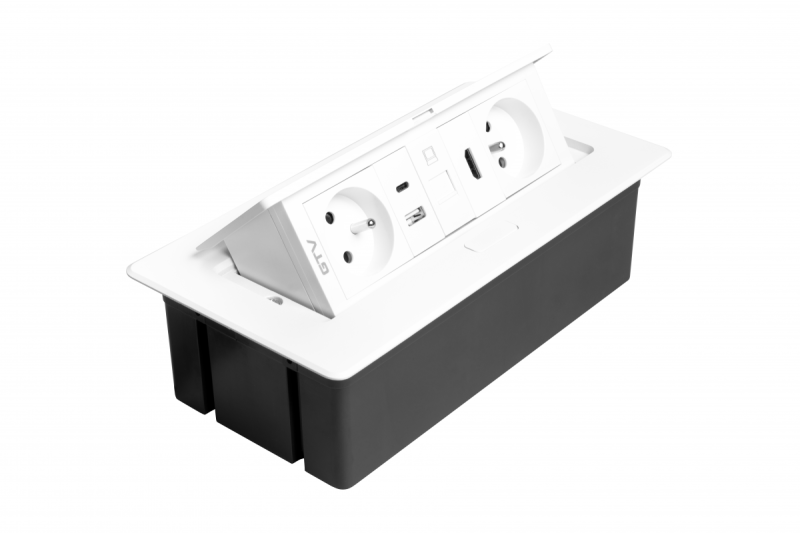MULTISOFT prise de mobilier 2x Prise avec terre, USB A+C, RJ45, HDMI, Câble d'alimentation avec fiche, Blanc