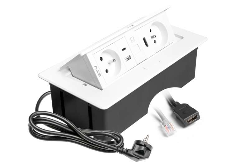 MULTISOFT prise de mobilier 2x Prise avec terre, USB A+C, RJ45, HDMI, Câble d'alimentation avec fiche, Blanc