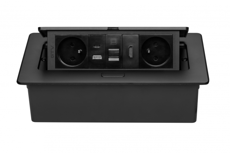 Prise de mobilier MULTISOFT 2x Prise avec mise à la terre, USB A+C, RJ45, HDMI, Câble d'alimentation avec fiche, Noir