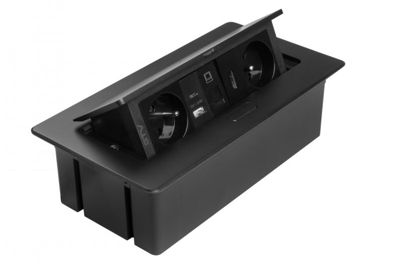 Prise de mobilier MULTISOFT 2x Prise avec mise à la terre, USB A+C, RJ45, HDMI, Câble d'alimentation avec fiche, Noir