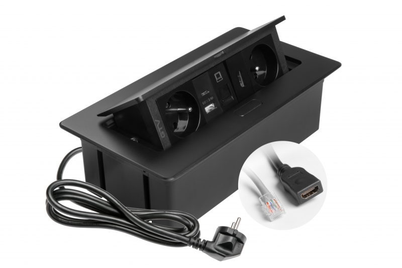 Prise de mobilier MULTISOFT 2x Prise avec mise à la terre, USB A+C, RJ45, HDMI, Câble d'alimentation avec fiche, Noir