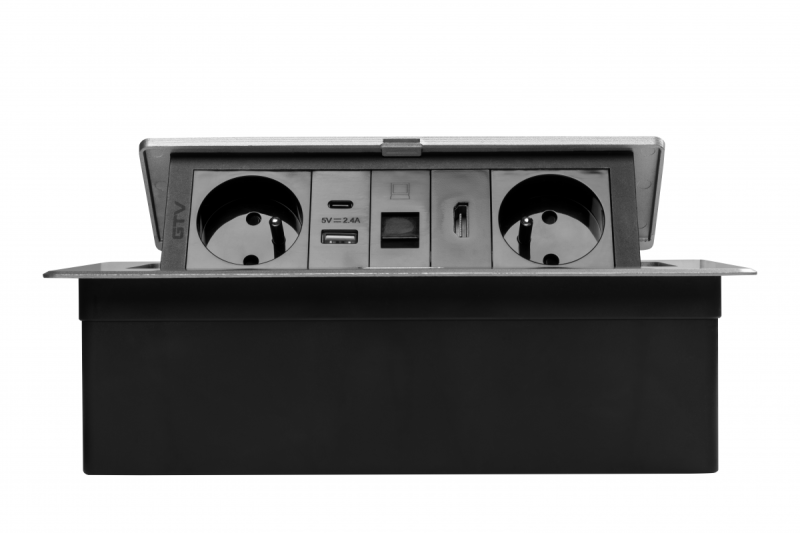 Prise de meuble MULTISOFT 2x Prise avec Terre, USB A+C, RJ45, HDMI, Câble d'alimentation avec prise, Aluminium