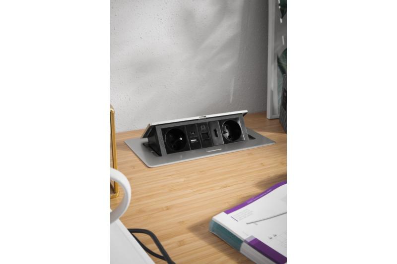 Prise de meuble MULTISOFT 2x Prise avec Terre, USB A+C, RJ45, HDMI, Câble d'alimentation avec prise, Aluminium
