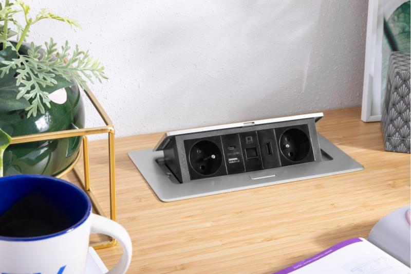 Prise de meuble MULTISOFT 2x Prise avec Terre, USB A+C, RJ45, HDMI, Câble d'alimentation avec prise, Aluminium