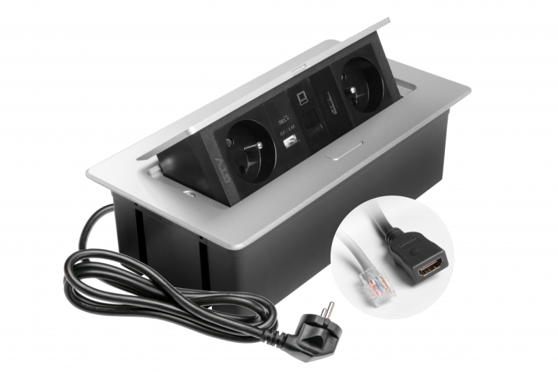 Prise de meuble MULTISOFT 2x Prise avec Terre, USB A+C, RJ45, HDMI, Câble d'alimentation avec prise, Aluminium